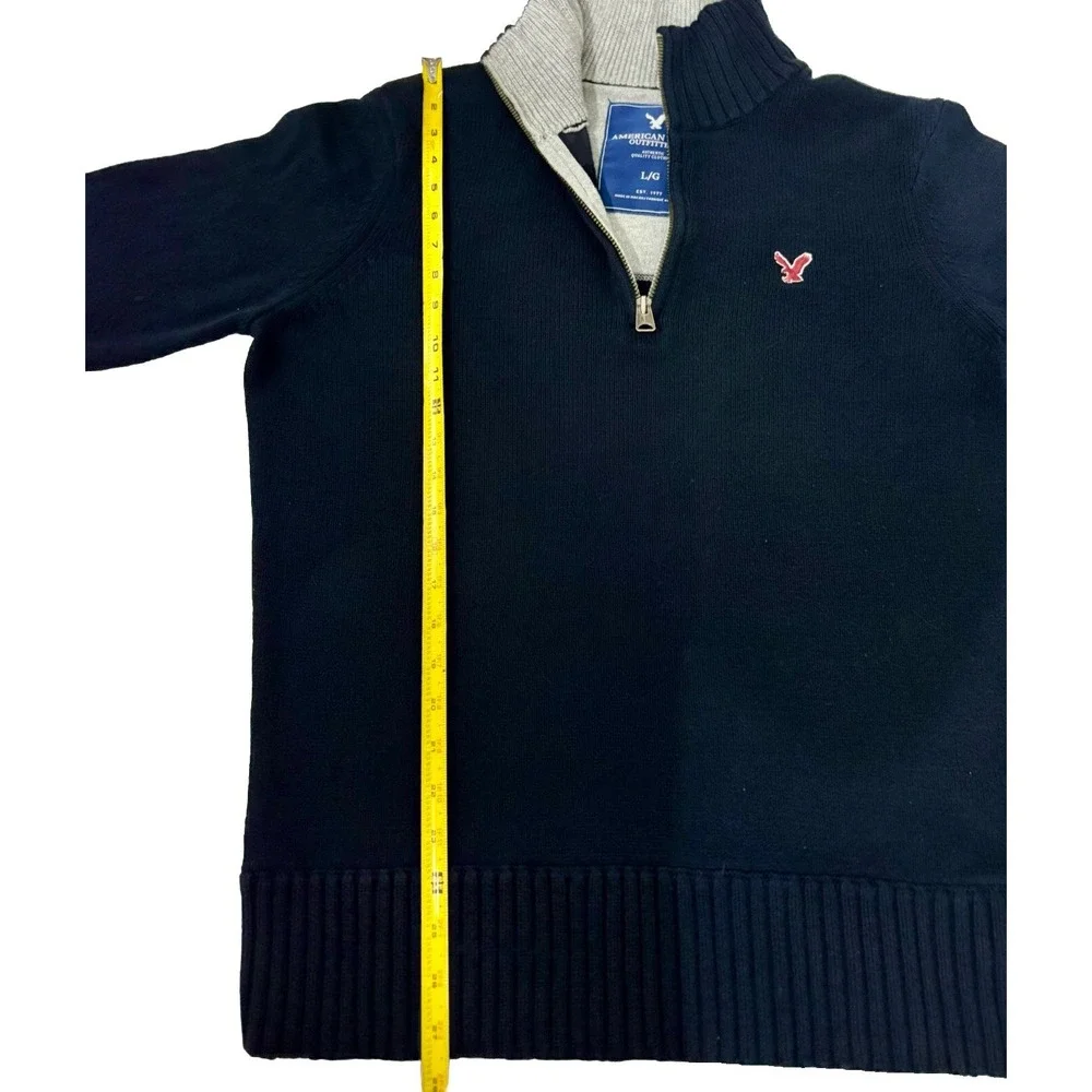 Y2K American Eagle Sweater Men L Blue 1/4 Zip Knit Pullover Wool Blend Preppy